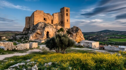 Ancient Castle Ruins On Rocky Hill Surrounded By Yellow Wildflowers And Scenic Countryside Landscape At Sunset Perfect For History Travel Architecture And Heritage Photography
