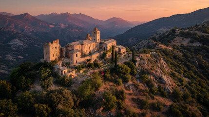 Fototapeta premium Ancient Stone Monastery and Fortified Village on a Mountain Ridge at Golden Hour, surrounded by Majestic Peaks at Sunset.