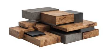Abstract composition of stacked, interlocking wooden and concrete blocks.  Geometric shapes create a visually appealing, three-dimensional form