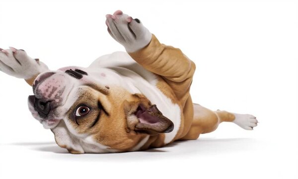 Un bulldog acostado que no puede levantarse, con fondo blanco, gordito, rechoncho, de patas cortas, lindo, adorable, gracioso
