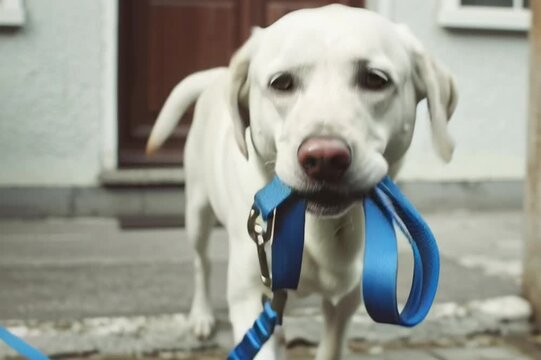 Un perrito que quiere salir a pasear, con la correa en la boca, adorable, lindo, de pelaje blanco, tierno, de orejas ca&iacute;das
