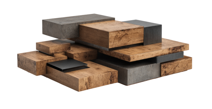 Abstract composition of stacked, interlocking wooden and concrete blocks.  Geometric shapes create a visually appealing, three-dimensional form