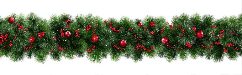 Festive Christmas garland with green pine needles and red berries and ornaments