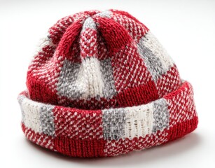 Red, gray, and white checkered knit hat on white surface, studio lighting. Close-up of texture