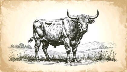 Hand-drawn bull in a pastoral landscape