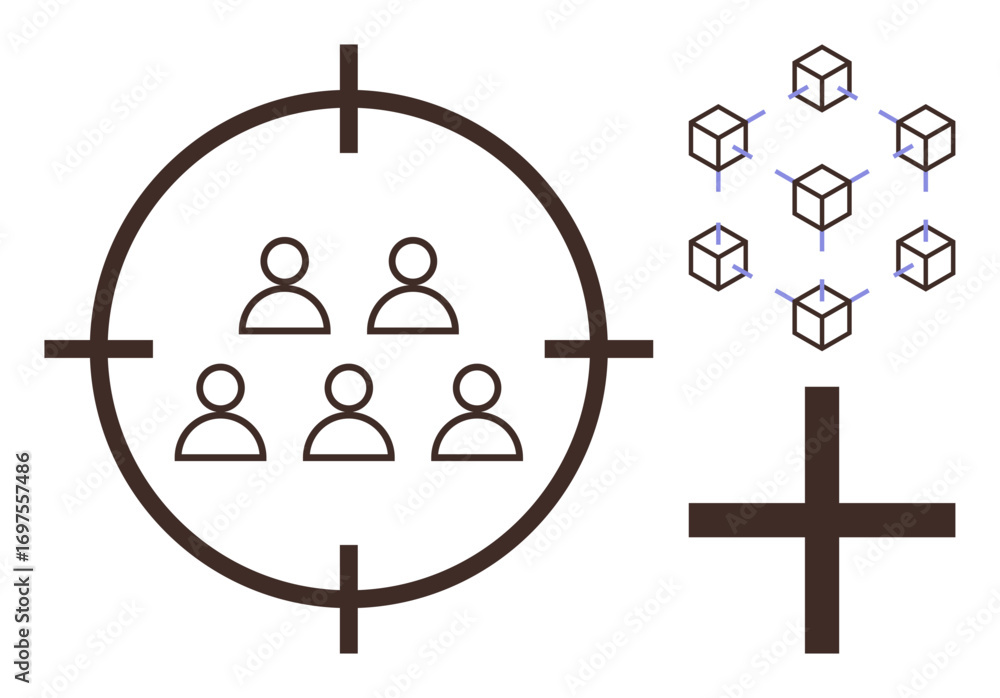 Poster group of people inside target scope, structured cubes as network, and bold plus sign. ideal for mark
