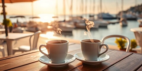 Fototapeta premium Two steaming coffee cups on a seaside cafe table, sunny harbor view, morning coffee, holiday