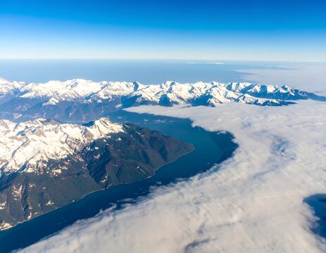 Aerial view of snow-capped mountains meeting a body of water, a cloud layer separating them