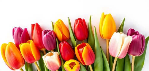 Fototapeta premium Vibrant row of colorful tulips, isolated on white, image, macro