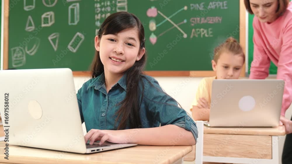 Poster smart asian girl looking at camera while coding engineering prompt. multicultural student learning a