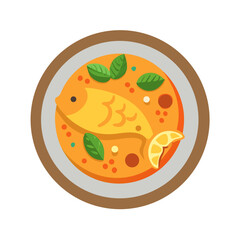 Stylized illustration of fish soup bowl with garnish