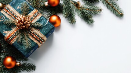 Gift box, ornaments, and pine branches on white. Seasonal still life with golden accents and a teal patterned box