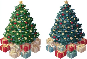 Two decorated Christmas trees, one green, one blue, sit atop piles of wrapped presents in an isolated illustration