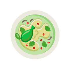Modern vector illustration of soup with garnish top view