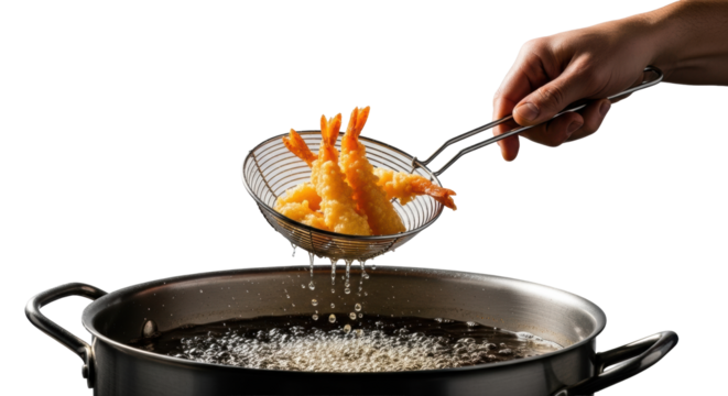 Male chef's hand precisely lifting golden shrimp tempura with a steel skimmer from bubbling hot oil in a dark pot, studio lighting, transparent background. Culinary artistry concept