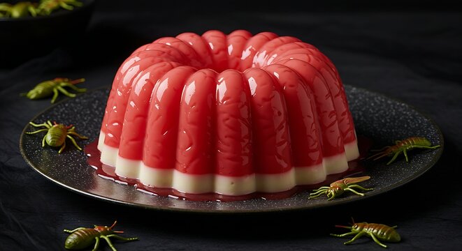 A "bleeding" brain jello mold, made with red jello and milk, set on a spooky serving dish with a few scattered plastic insects. Eerie, almost clinical lighting on a dark background