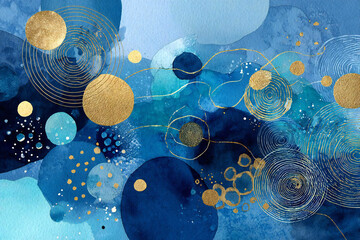 抽象的な水彩画、青と金色の円、エレガントな背景
