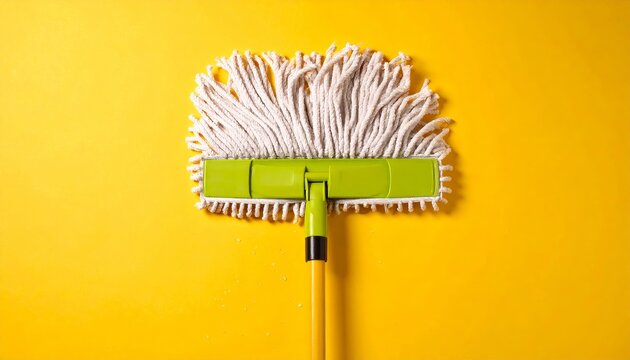 Close-up of a bright yellow backdrop displaying a vibrant mop cleaning tool