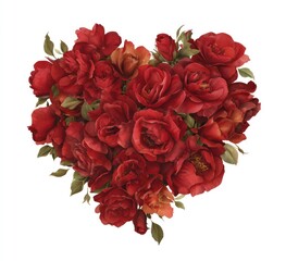 A digital illustration depicting a heart shape formed by clustered red roses and green foliage against a white background