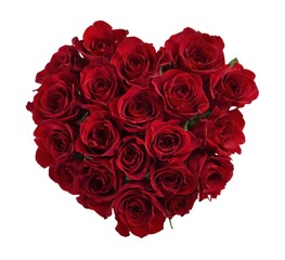A heart shape arrangement made of vibrant, velvety red roses against a stark white background, romantic and elegant