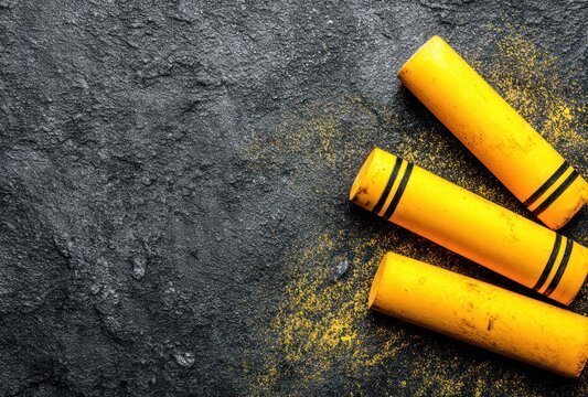 Three yellow art pastels with dark stripes are scattered on a rough, textured gray slate surface. Pastel dust is scattered around