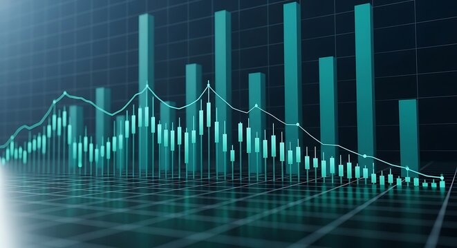 A dynamic 3D bar chart with a fluctuating line graph overlay, set against a grid background, representing financial data and market trends.