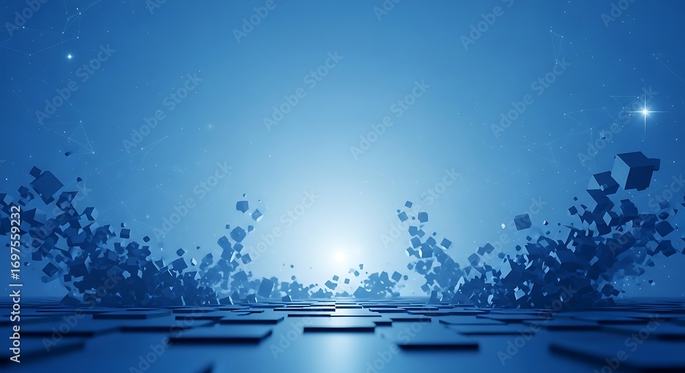 Poster abstract blue digital background with a glowing light source over a tiled floor and floating, fragme