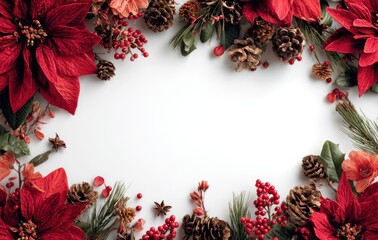 Festive arrangement with red poinsettias, pine cones, berries, and greenery against a clean white background
