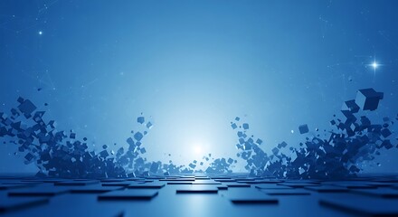 Abstract blue digital background with a glowing light source over a tiled floor and floating, fragmented cubes.