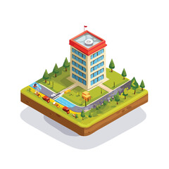 Naklejka premium Isometric view of a building surrounded by trees, roads, cars, and a small river, presented in a cartoon style.