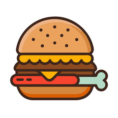 Cartoon style spooky burger with bone on black background