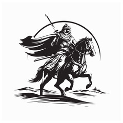 Arabian Knight Riding Horse Across Desert, Medieval Vector Art Illustration Design