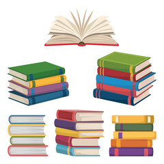 Colorful Book Stacks and Open Book Education and Knowledge Concept for Library or Bookstore Advertising Material Design Vector Illustration