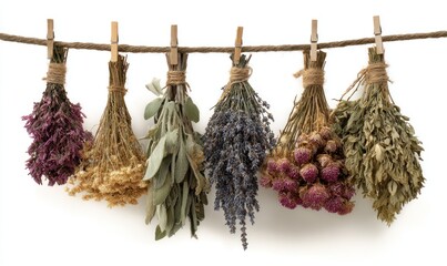 Dried herb bunches hang from a twine line held by clothespins against a white backdrop, casting a soft shadow