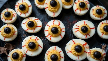 A menacing "monster eye" deviled egg platter arranged geometrically on a dark platter with black olive "pupils",red food coloring "veins.High-key lighting for clear detail against a dark background