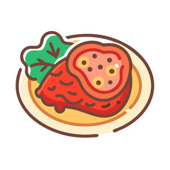 Illustration of a steak with sauce and salad on plate