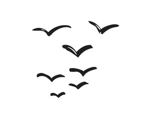Birds flying line in the sky set. Ink grunge flock of birds afar brush hand drawn. markers and crayons
