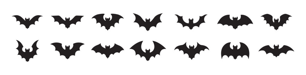 Halloween black bat isolated silhouettes holiday horror, vector cartoon icons. Flying vampire bat silhouettes for Halloween and trick or treat party scary and spooky decoration