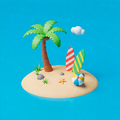 3D Render Of A Beach With Palms And Surfes