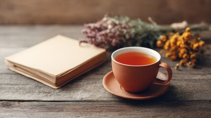 A cozy scene featuring a cup of tea, dried flowers, and a stack of blank papers on a wooden table, evoking a sense of relaxation and tranquility.