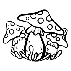 Black and white line drawing of mushrooms