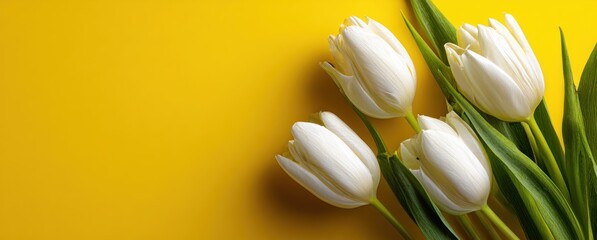 Four white tulips, closed, arranged in the corner on a vibrant yellow background with green stems and leaves