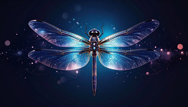 Surreal luminous dragonfly in celestial space, enchanting insect art, dreamy vibes