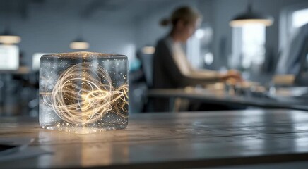 A small square bubble, no larger than 8x8 inches, hovering 1 inch above a modern office desk. Inside, high-speed light trails swirl in circular paths, glowing and energetic, like accelerated streams - Powered by Adobe