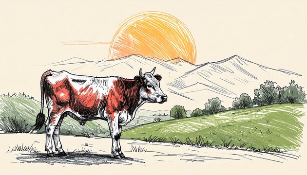 Hand-drawn illustration of a calf in a pastoral landscape at sunrise