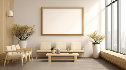 Modern, minimalist waiting room with light-wood furniture, a large blank framed art piece, and cream-colored accent 