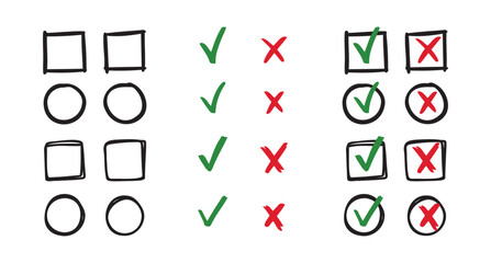 Check and cancel signs doodle icons. yes and no signs on circle and square hand drawn doodle signs. 