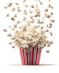 Popcorn spills from a red striped bucket, isolated on white, creating a dynamic cascade effect