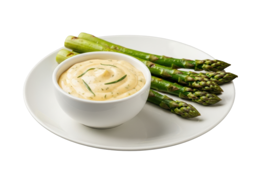Creamy béarnaise sauce with tarragon in a white bowl, alongside grilled green asparagus with char marks, on a plate against a transparent studio background with soft bokeh, elegant culinary