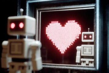 Two toy robots watch a glowing, pixelated heart on a screen, one out of focus, in a dark, textured environment